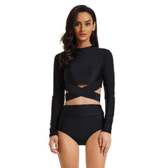 Long Sleeve Bathing suits Crop Criss Cross Black Rash Guard