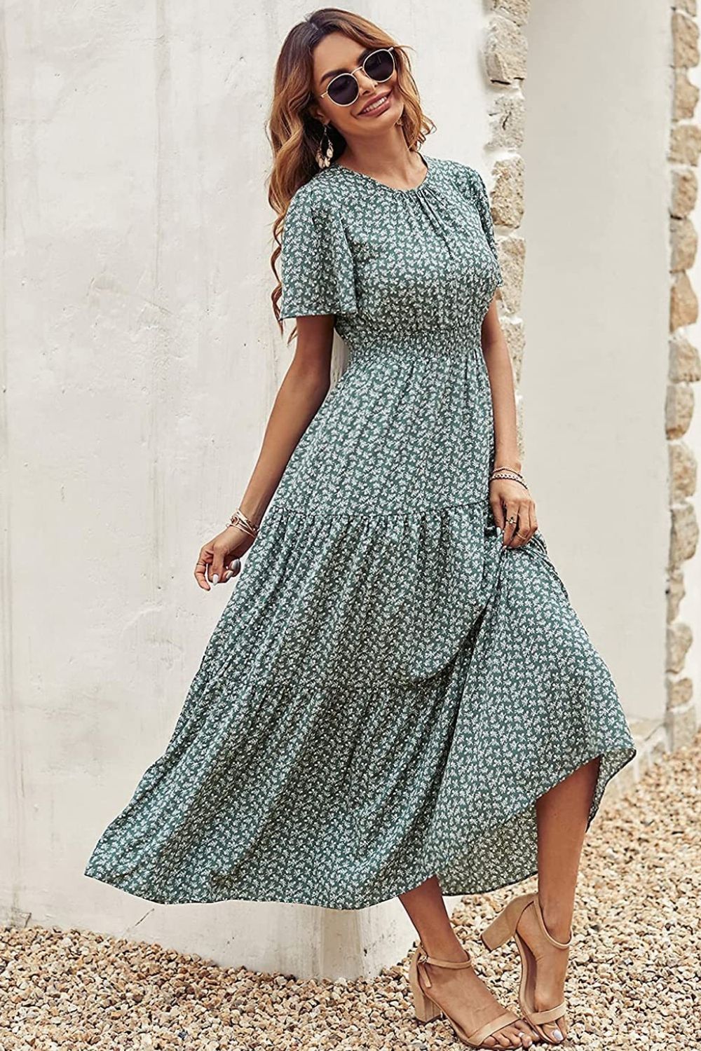 Dresses Women Casual Floral Print Dress O Neck Puff Sleeve Midi Dresses Summer Ladies Dress Vestidos