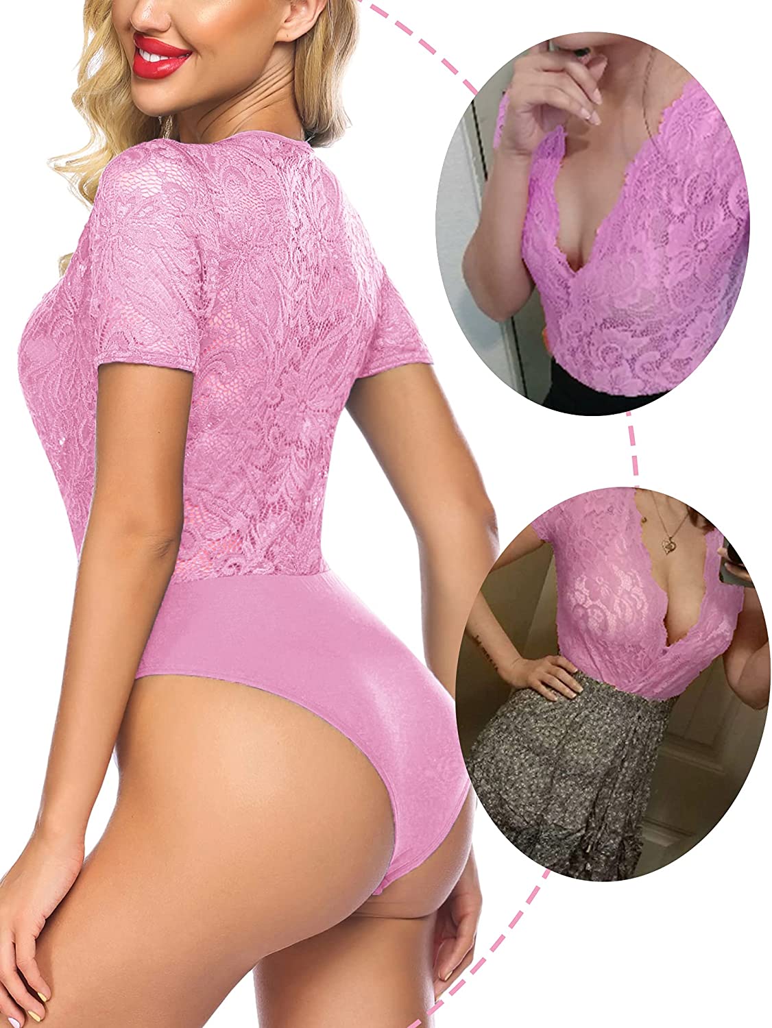 Avidlove Lace Short Sleeve Bodysuit Deep V Snap Crotch Clubwear Tops S-XXL