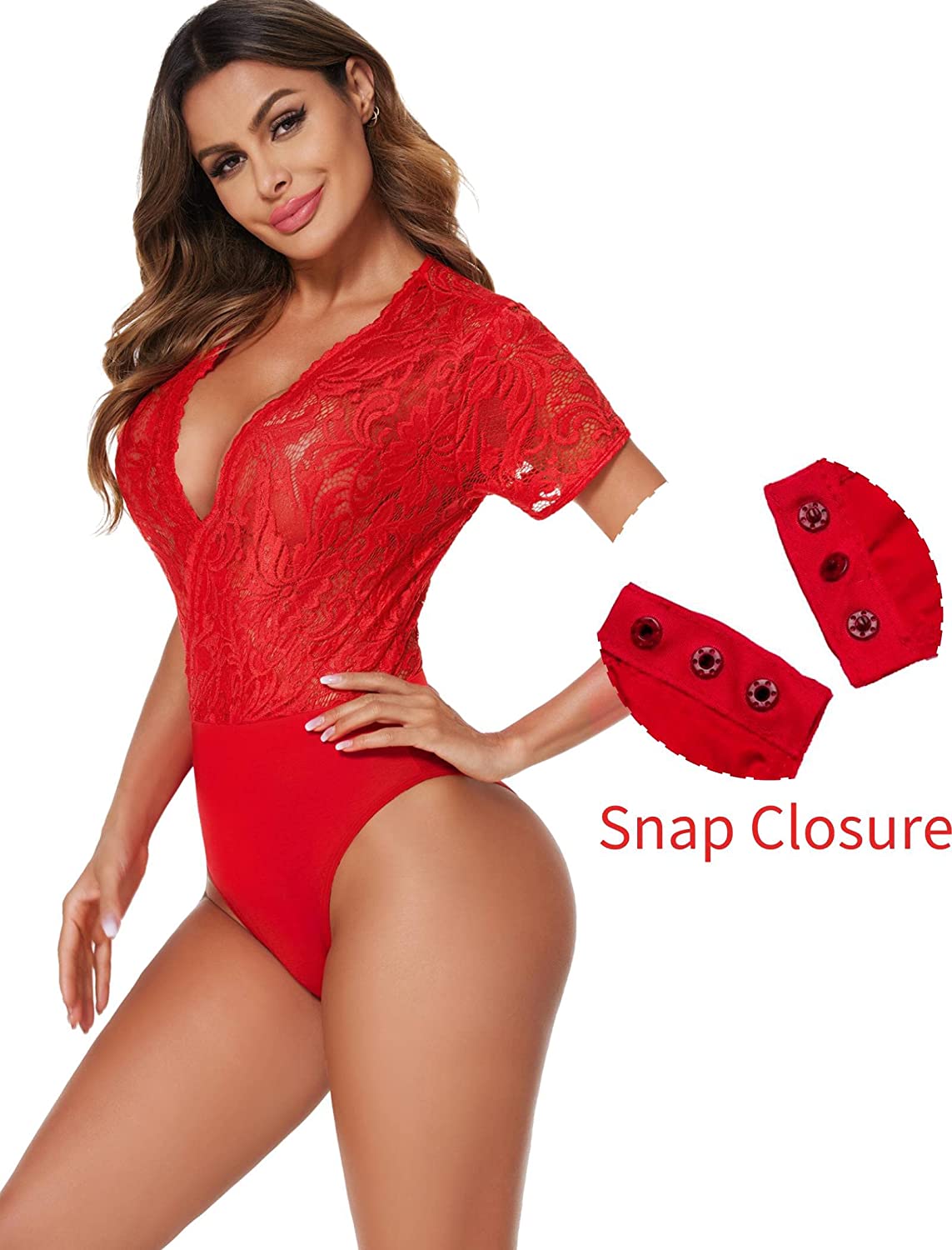 Avidlove Lace Short Sleeve Bodysuit Deep V Snap Crotch Clubwear Tops S-XXL