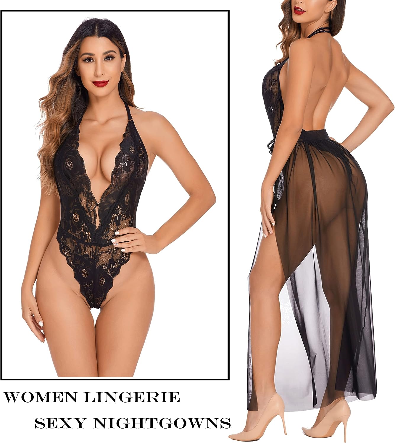 Avidlove Lingerie Nightgowns Deep V Lace Bodysuit Mosaic Lace Teddy Mesh Skirt