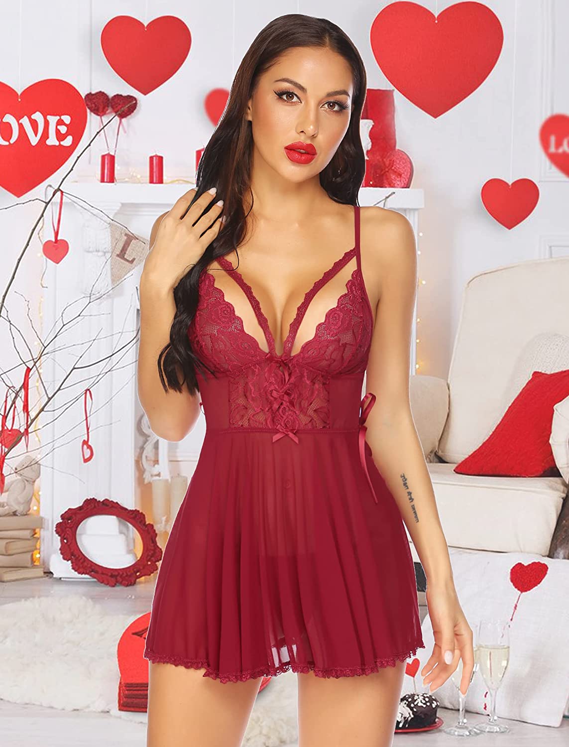 Avidlove Lingerie for Lace Babydoll Strappy Chemise V Neck Nightgown Sleepwear Side Spilt Nightdress