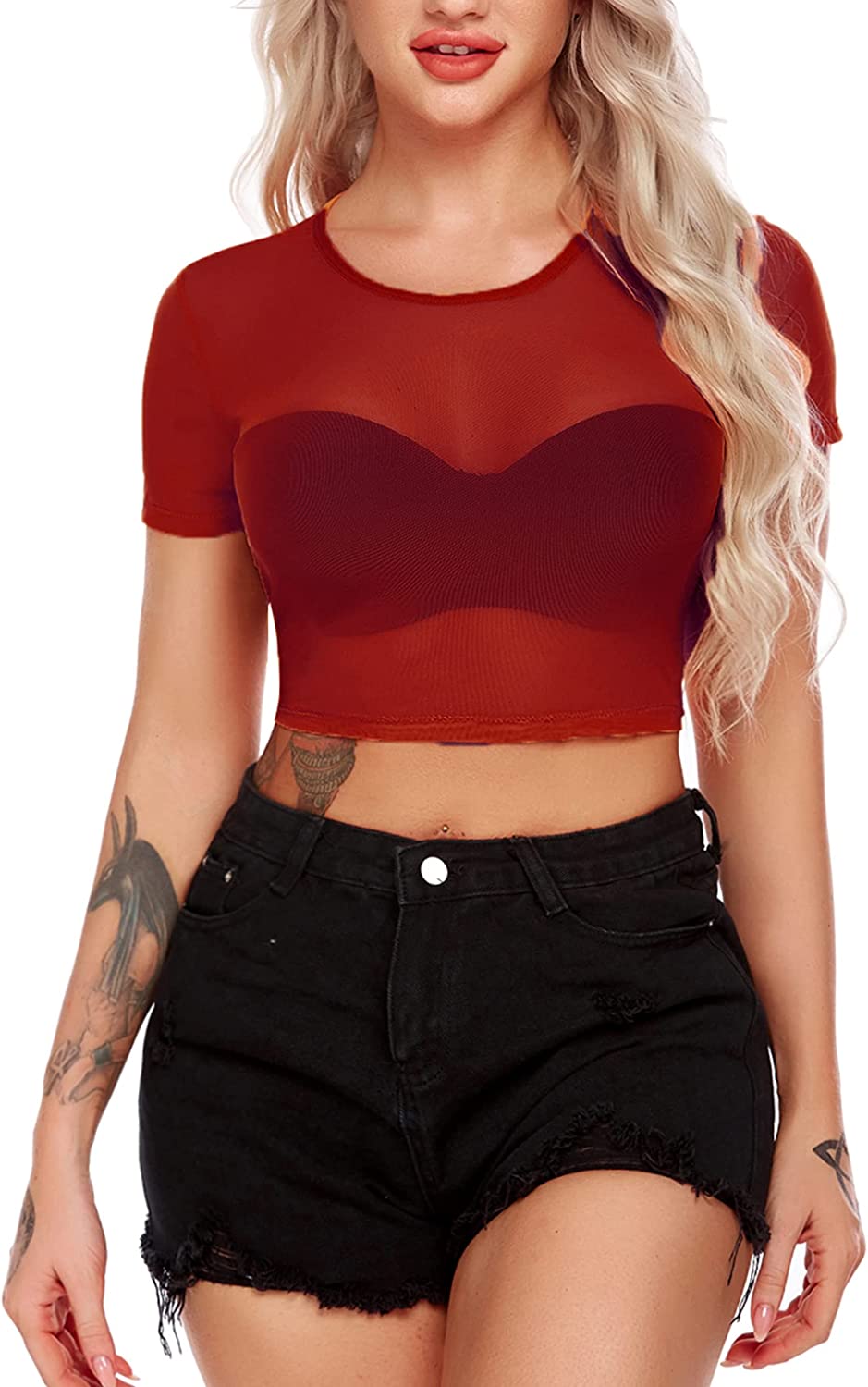 Avidlove Mesh Crop Top for Short Sleeve Bodycon Tees See Through Blouse O Neck Clubwear