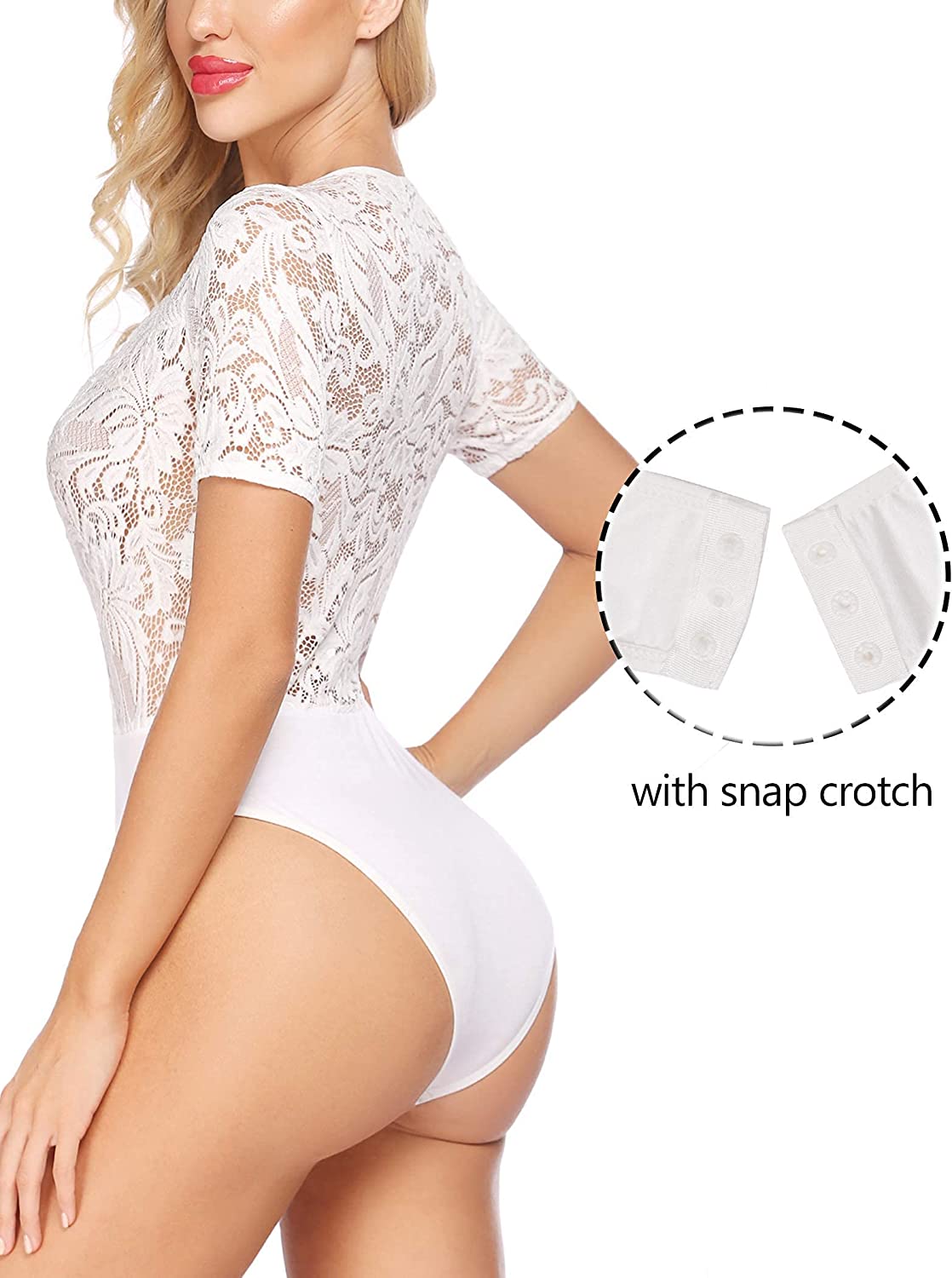 Avidlove Lace Short Sleeve Bodysuit Deep V Snap Crotch Clubwear Tops S-XXL