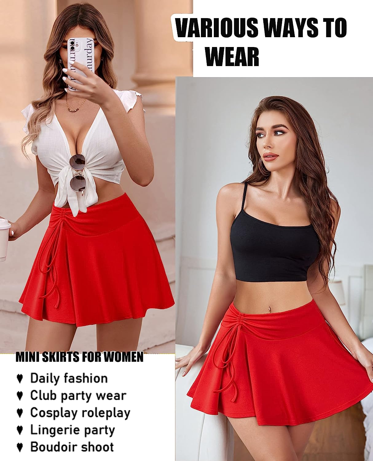 Avidlove Mini Skirt for Pleated Drawstring High Waist Skater Skirt Lingerie Skirts S-XXL