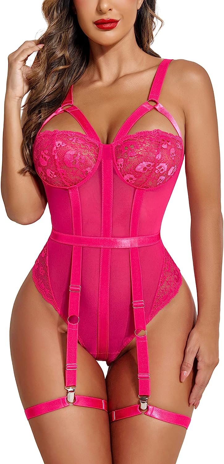 Avidlove Teddy Lingerie for with Garter Belt One Piece Lingerie Naughty Strappy Lingerie Lace Exotic Bodysuit