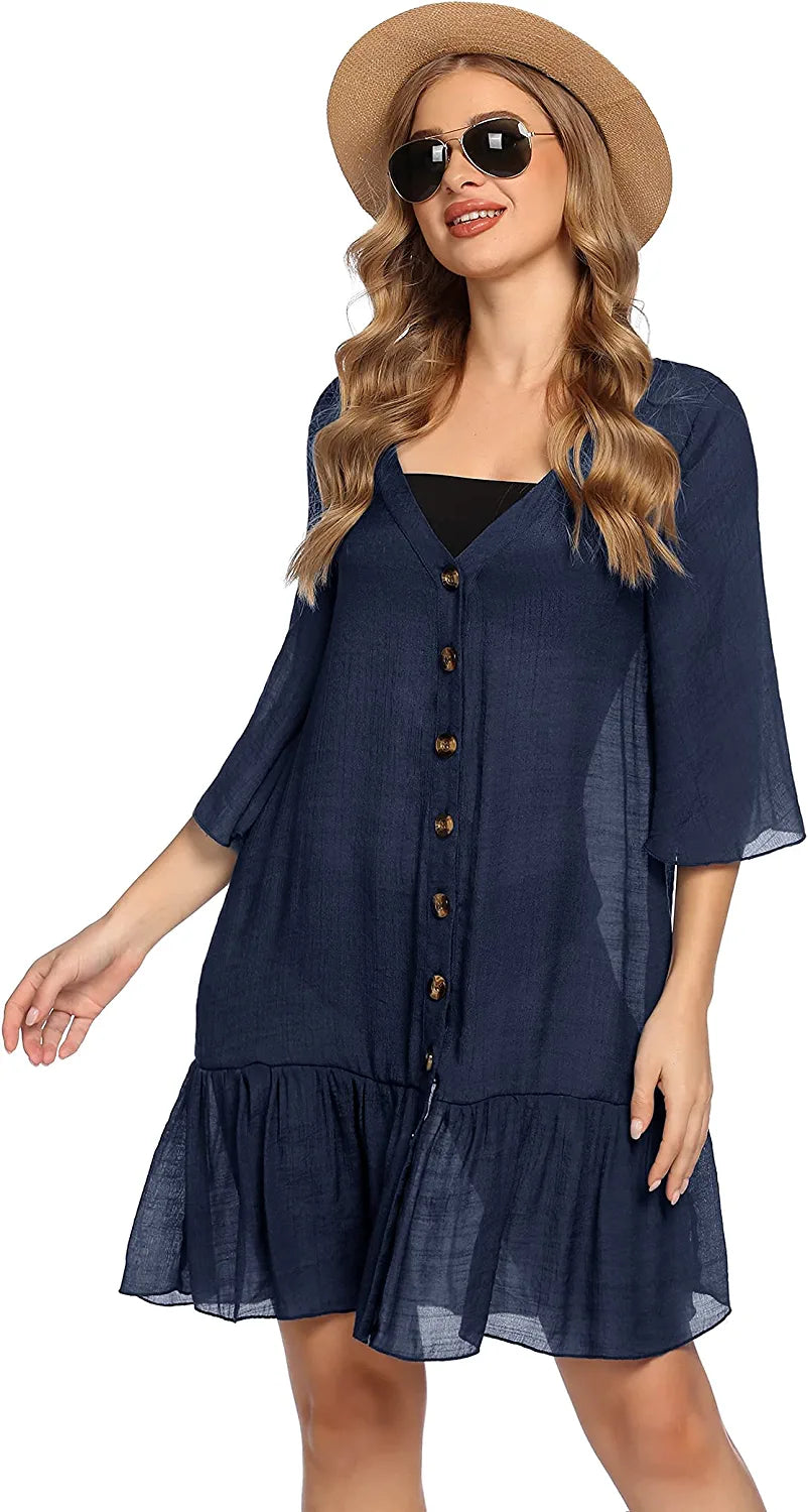 Avidlove Casual Swim Cover up V-Neck Summer Beachwear Coverups Flowy Short Sleeve Mini Beach Dress