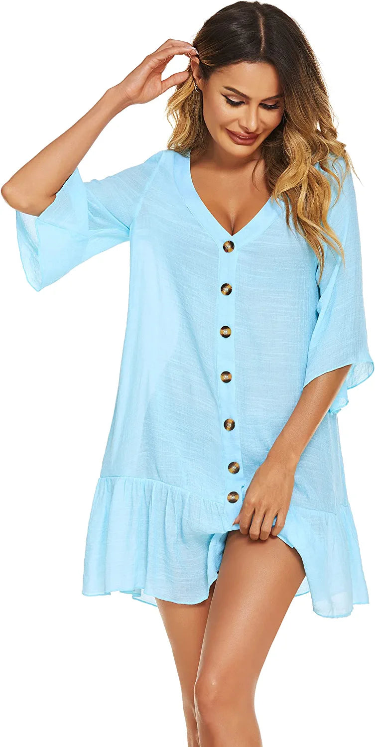 Avidlove Casual Swim Cover up V-Neck Summer Beachwear Coverups Flowy Short Sleeve Mini Beach Dress