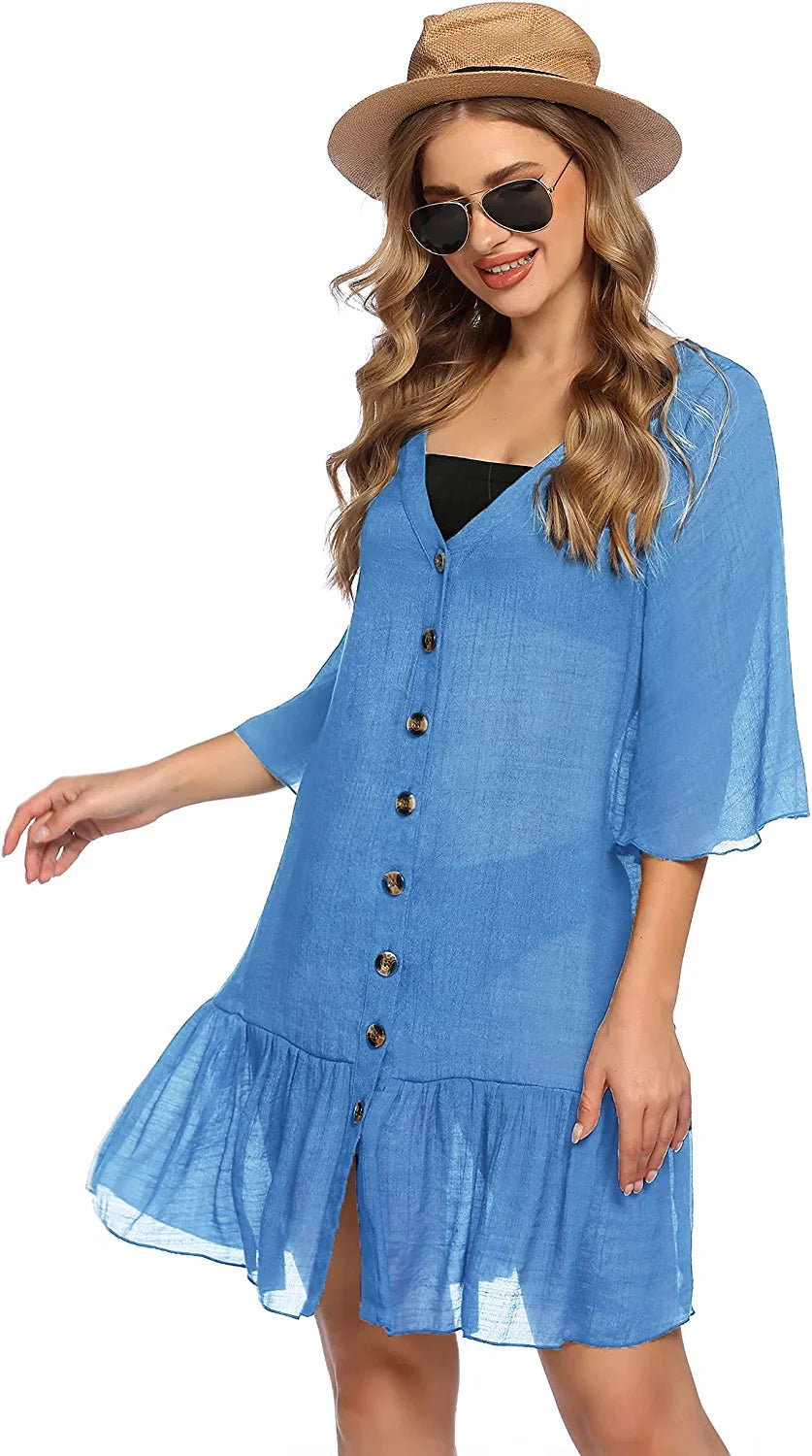 Avidlove Casual Swim Cover up V-Neck Summer Beachwear Coverups Flowy Short Sleeve Mini Beach Dress