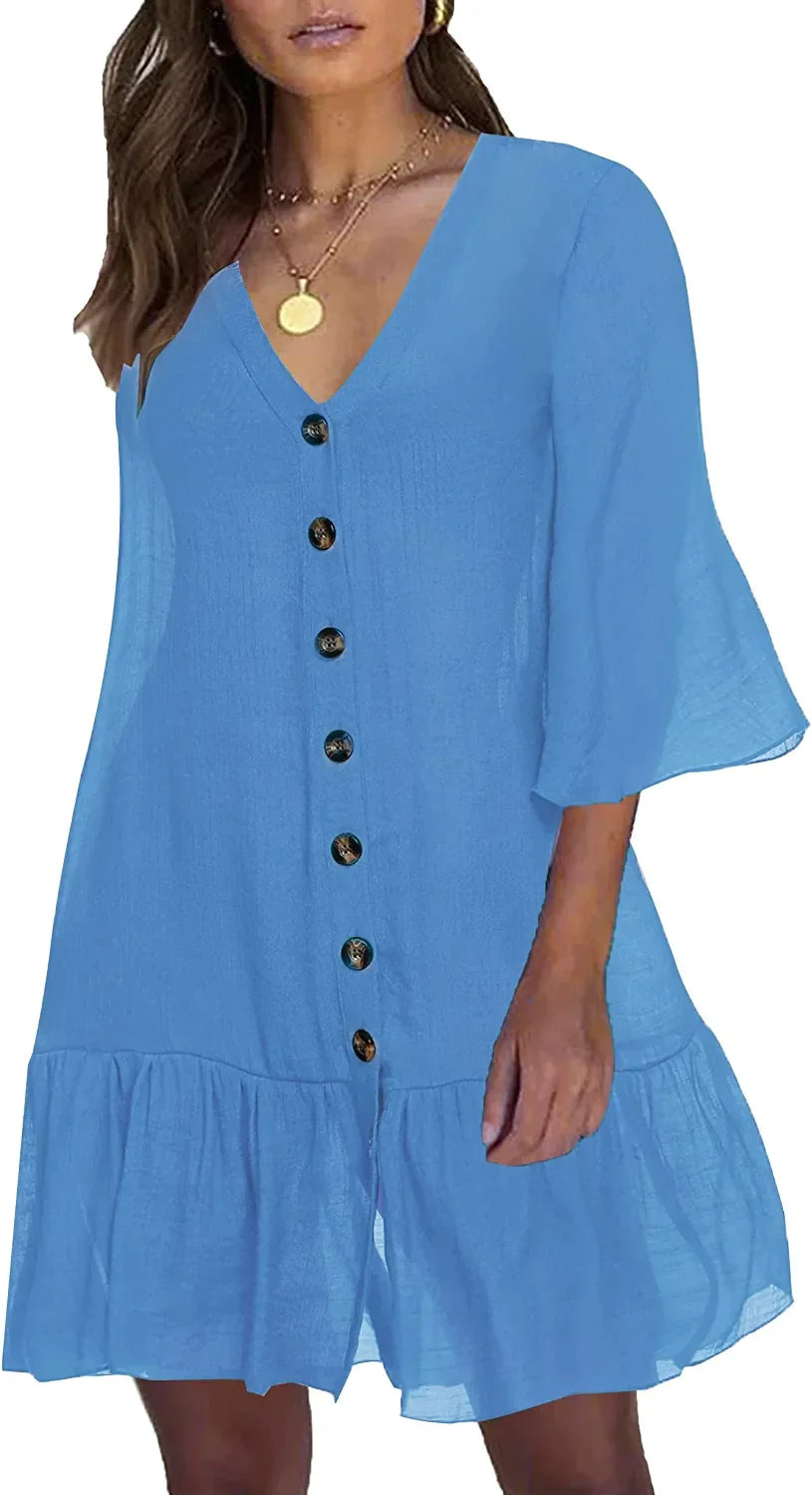 Avidlove Casual Swim Cover up V-Neck Summer Beachwear Coverups Flowy Short Sleeve Mini Beach Dress