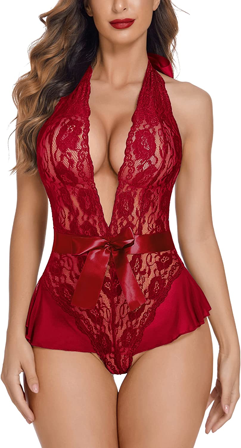 Avidlove Lingerie for Lace Teddy Bodysuit Halter V Neck One Piece Lingerie Babydoll XS-XXXL