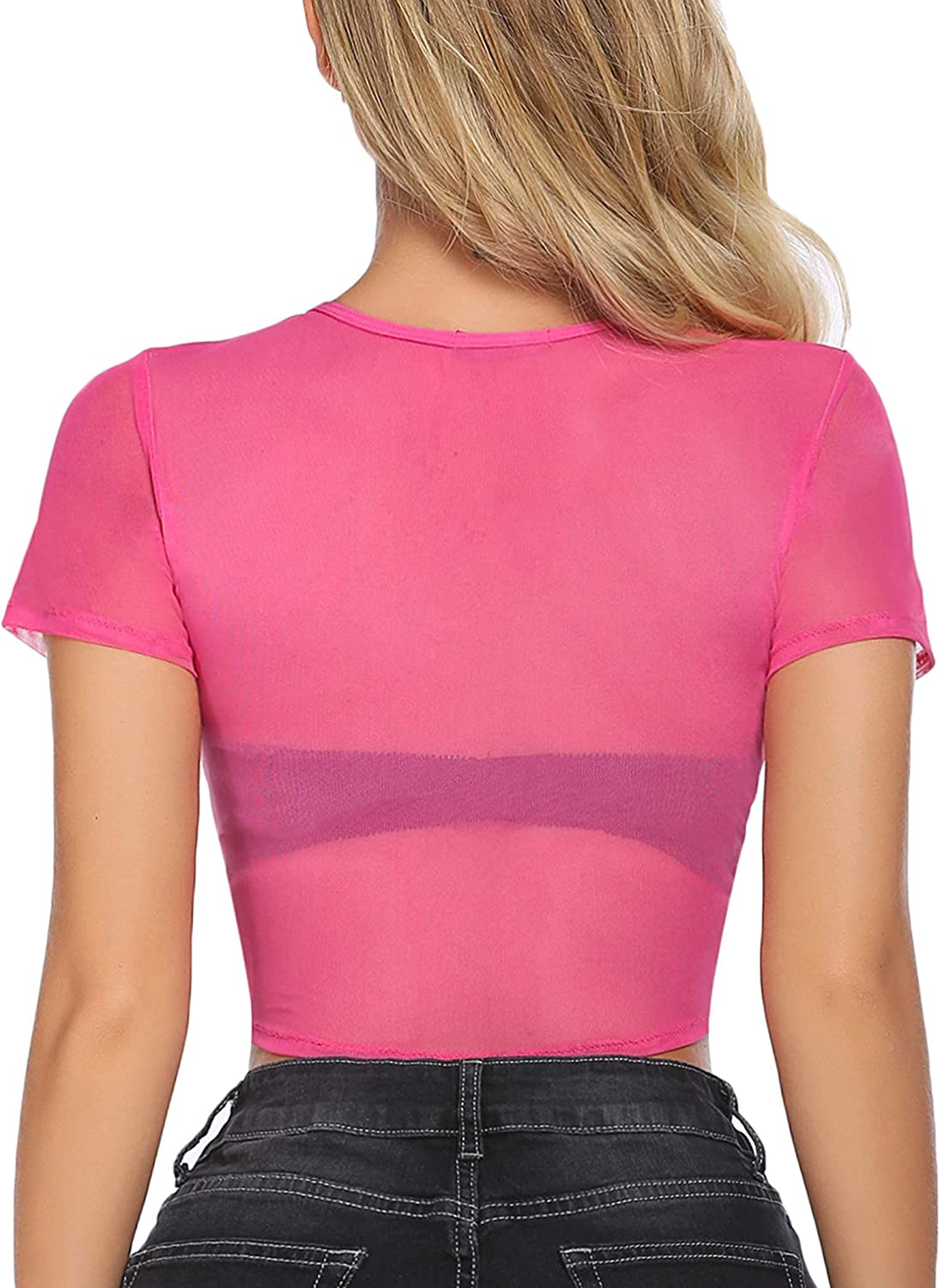 Avidlove Mesh Crop Top for Short Sleeve Bodycon Tees See Through Blouse O Neck Clubwear