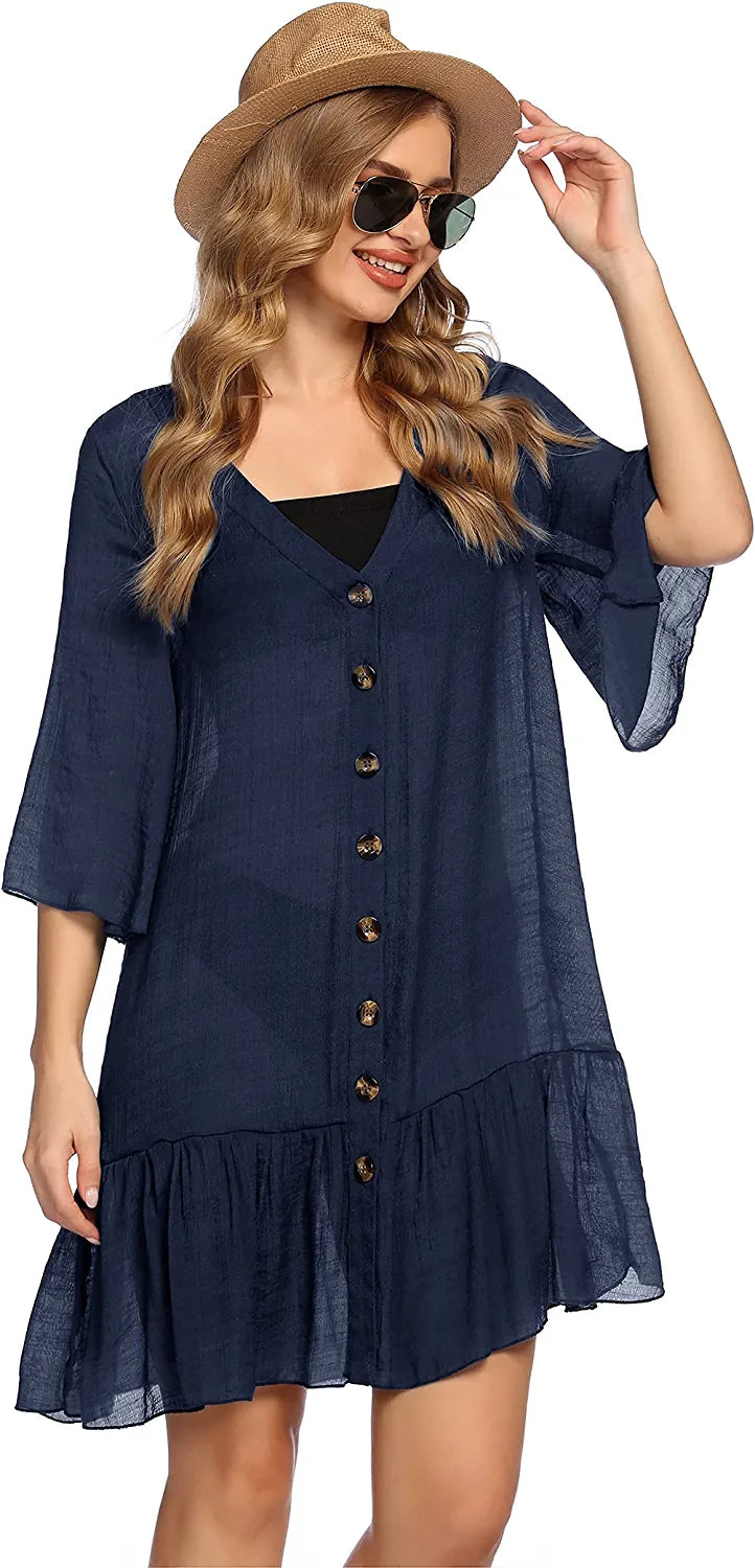 Avidlove Casual Swim Cover up V-Neck Summer Beachwear Coverups Flowy Short Sleeve Mini Beach Dress