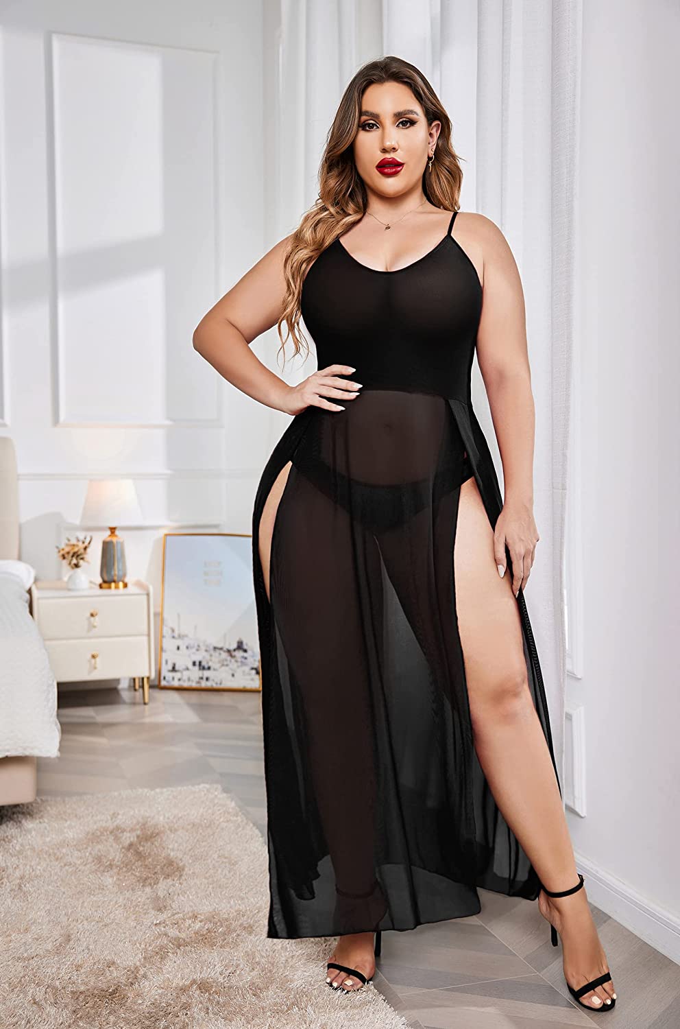 Avidlove Plus Size Dress For Babydoll Mesh Maxi Nightdress Strappy Exotic Sleepwear Side Slits