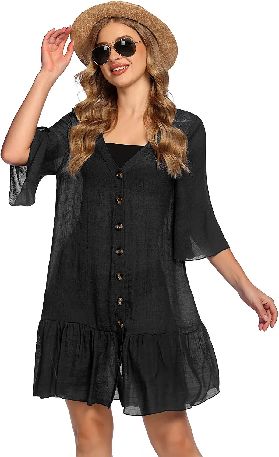 Avidlove Casual Swim Cover up V-Neck Summer Beachwear Coverups Flowy Short Sleeve Mini Beach Dress