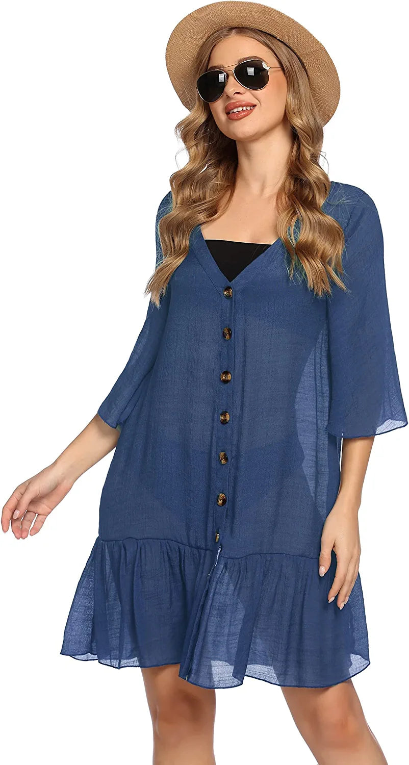 Avidlove Casual Swim Cover up V-Neck Summer Beachwear Coverups Flowy Short Sleeve Mini Beach Dress