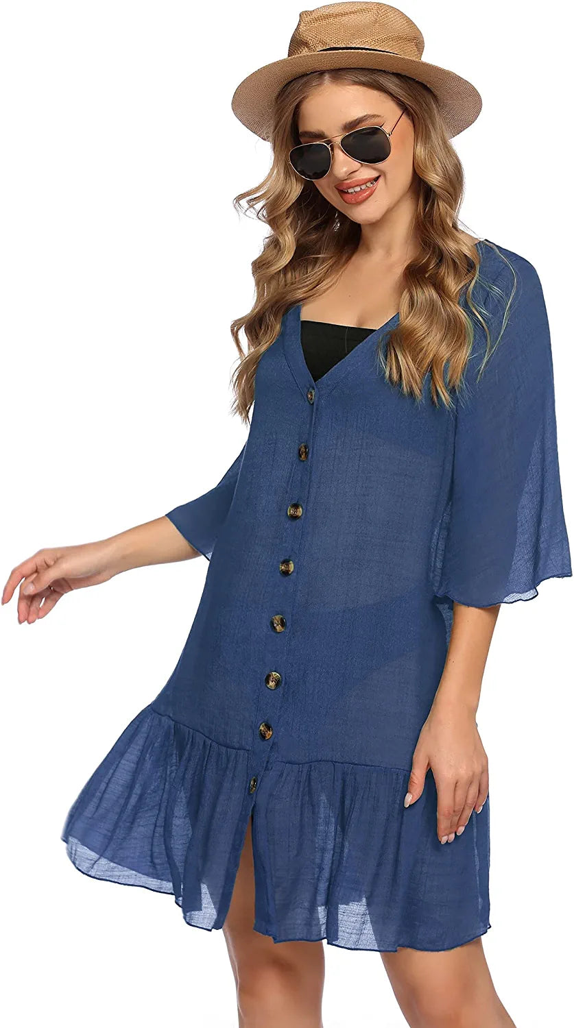 Avidlove Casual Swim Cover up V-Neck Summer Beachwear Coverups Flowy Short Sleeve Mini Beach Dress