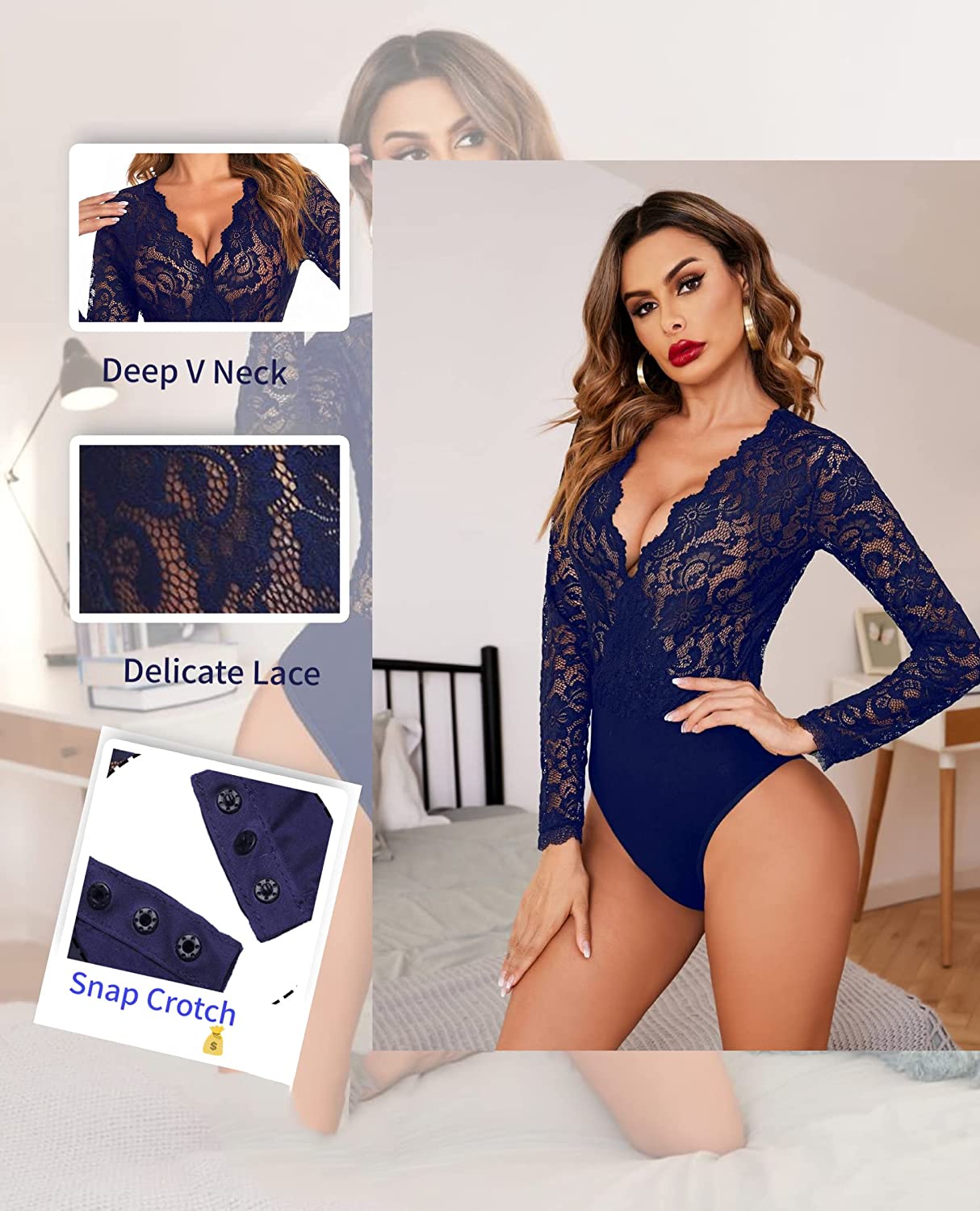 Avidlove Lace Short Sleeve Bodysuit Deep V Snap Crotch Clubwear Tops S-XXL