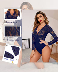 Avidlove Lace Short Sleeve Bodysuit Deep V Snap Crotch Clubwear Tops S-XXL