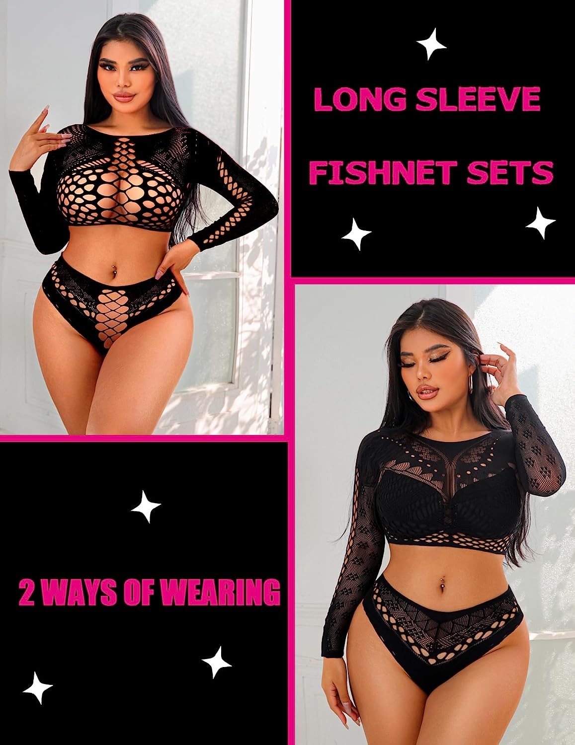 Avidlove Fishnet Lingerie Long Sleeve Two Piece Lingerie Set Stripper Outfit