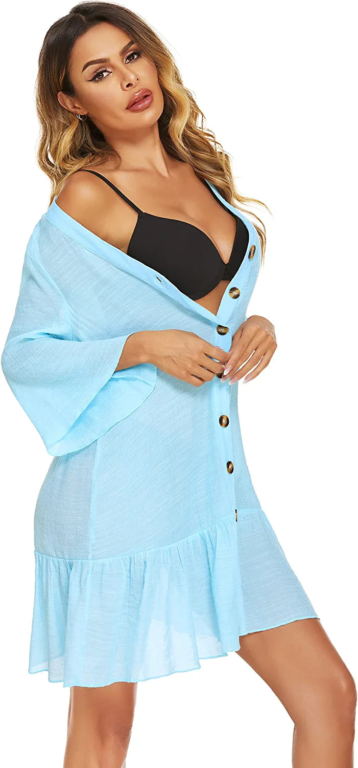 Avidlove Casual Swim Cover up V-Neck Summer Beachwear Coverups Flowy Short Sleeve Mini Beach Dress