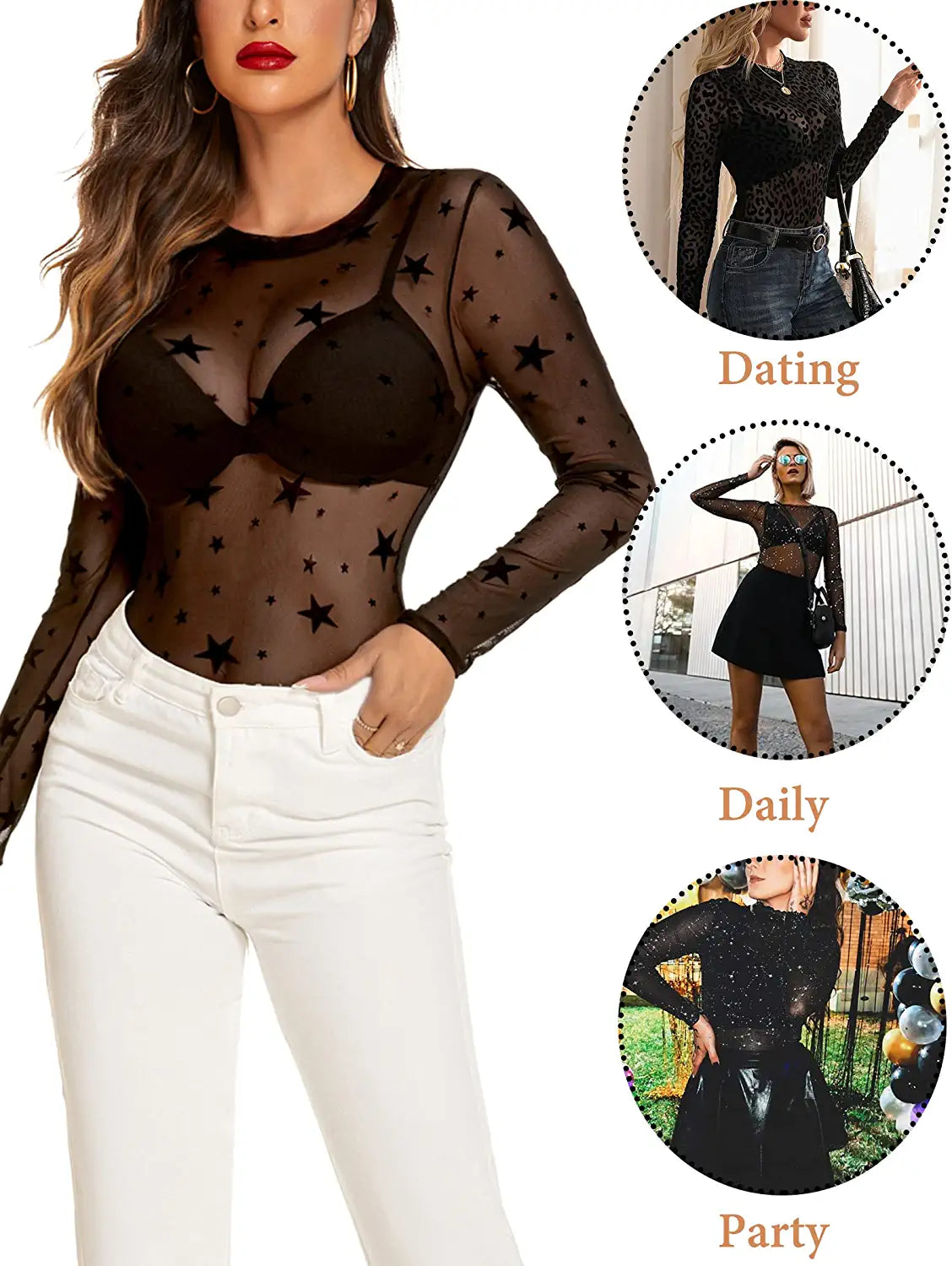 Avidlove Long Sleeve Mesh Bodysuit Round Neck Sheer Leotards Geo Print Bodysuit Top with Snap Crotch