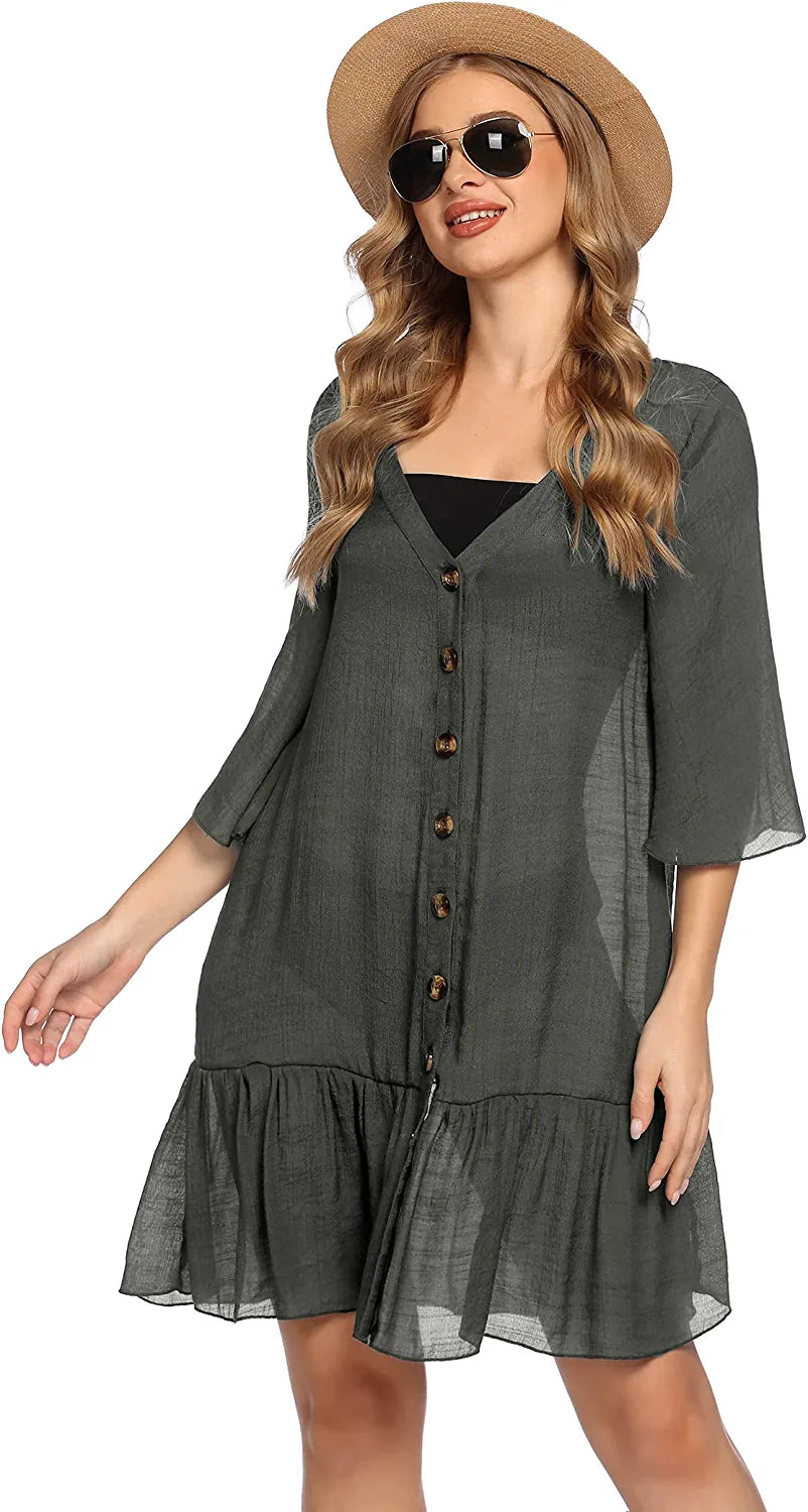 Avidlove Casual Swim Cover up V-Neck Summer Beachwear Coverups Flowy Short Sleeve Mini Beach Dress