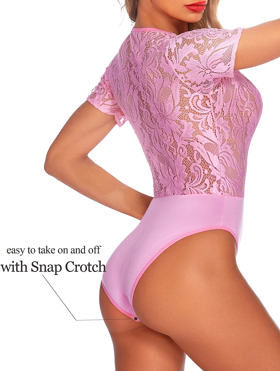 Avidlove Lace Short Sleeve Bodysuit Deep V Snap Crotch Clubwear Tops S-XXL