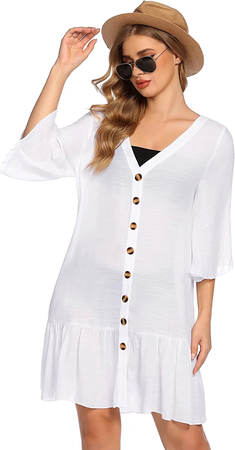 Avidlove Casual Swim Cover up V-Neck Summer Beachwear Coverups Flowy Short Sleeve Mini Beach Dress