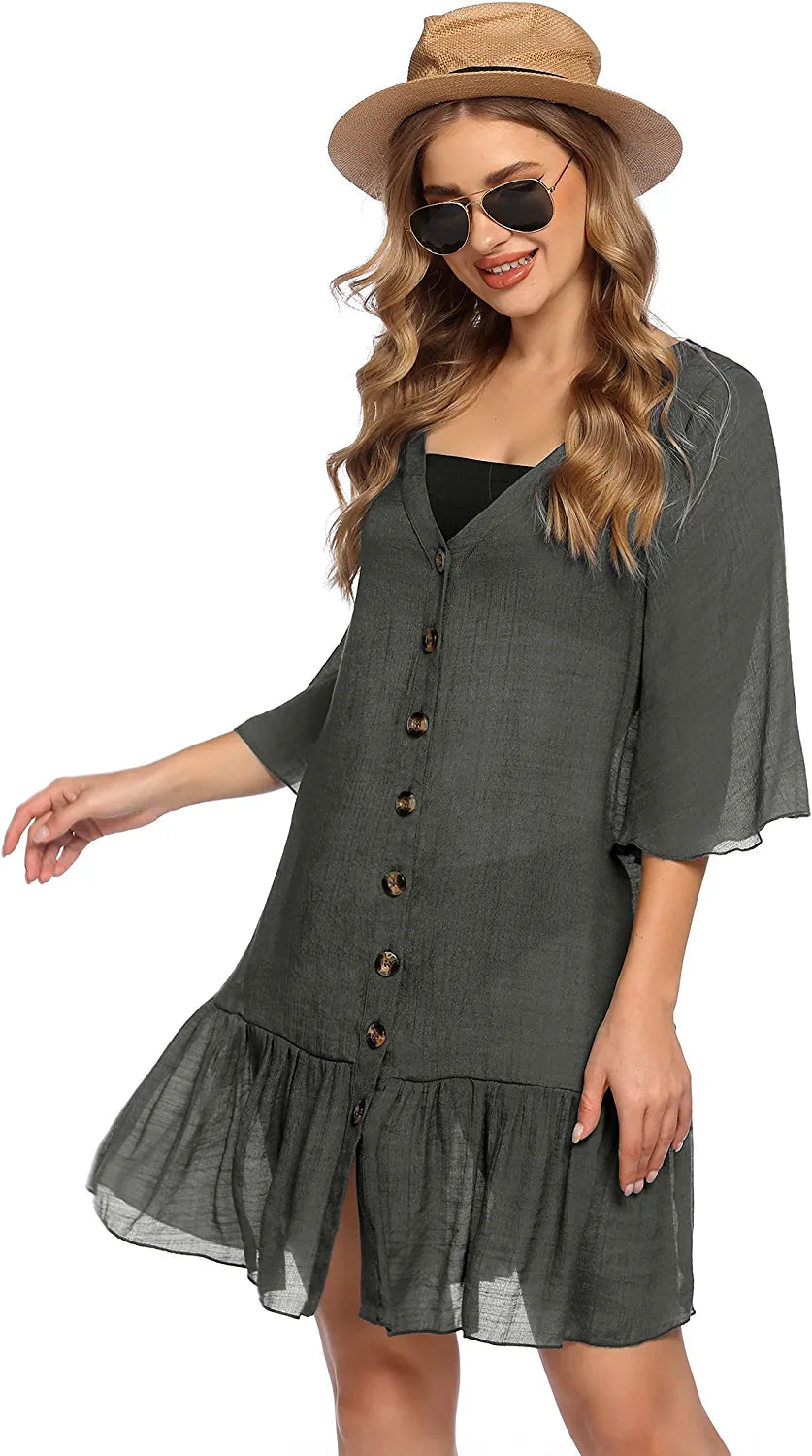 Avidlove Casual Swim Cover up V-Neck Summer Beachwear Coverups Flowy Short Sleeve Mini Beach Dress