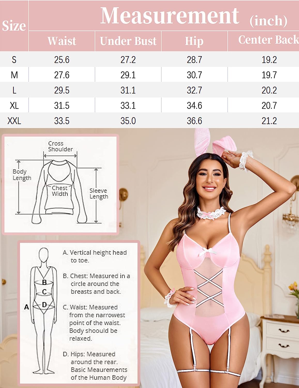 Avidlove Cosplay Lingerie Anime Costume Bodysuit Set Bunny Teddy Lingerie 3PC Maid Outfit