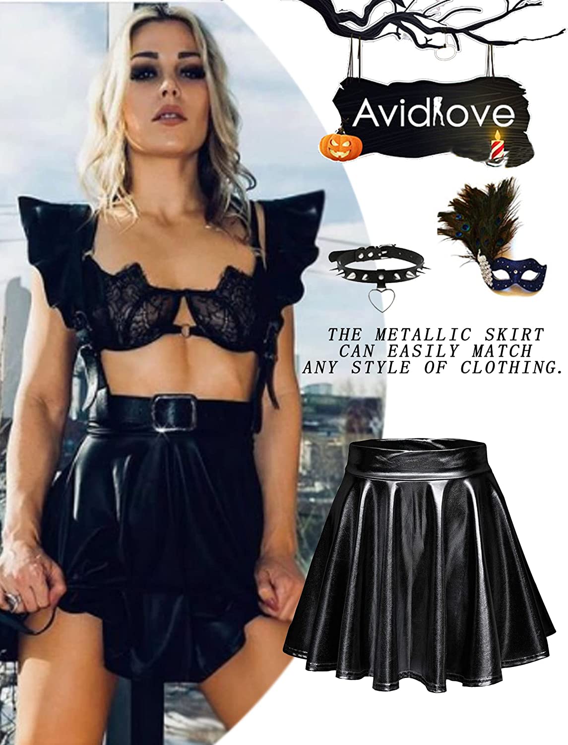 Avidlove Metallic Skirt for High Waisted Skirt Shiny Stretchy Mini A-Line Flared Skater Skirt S-XXL