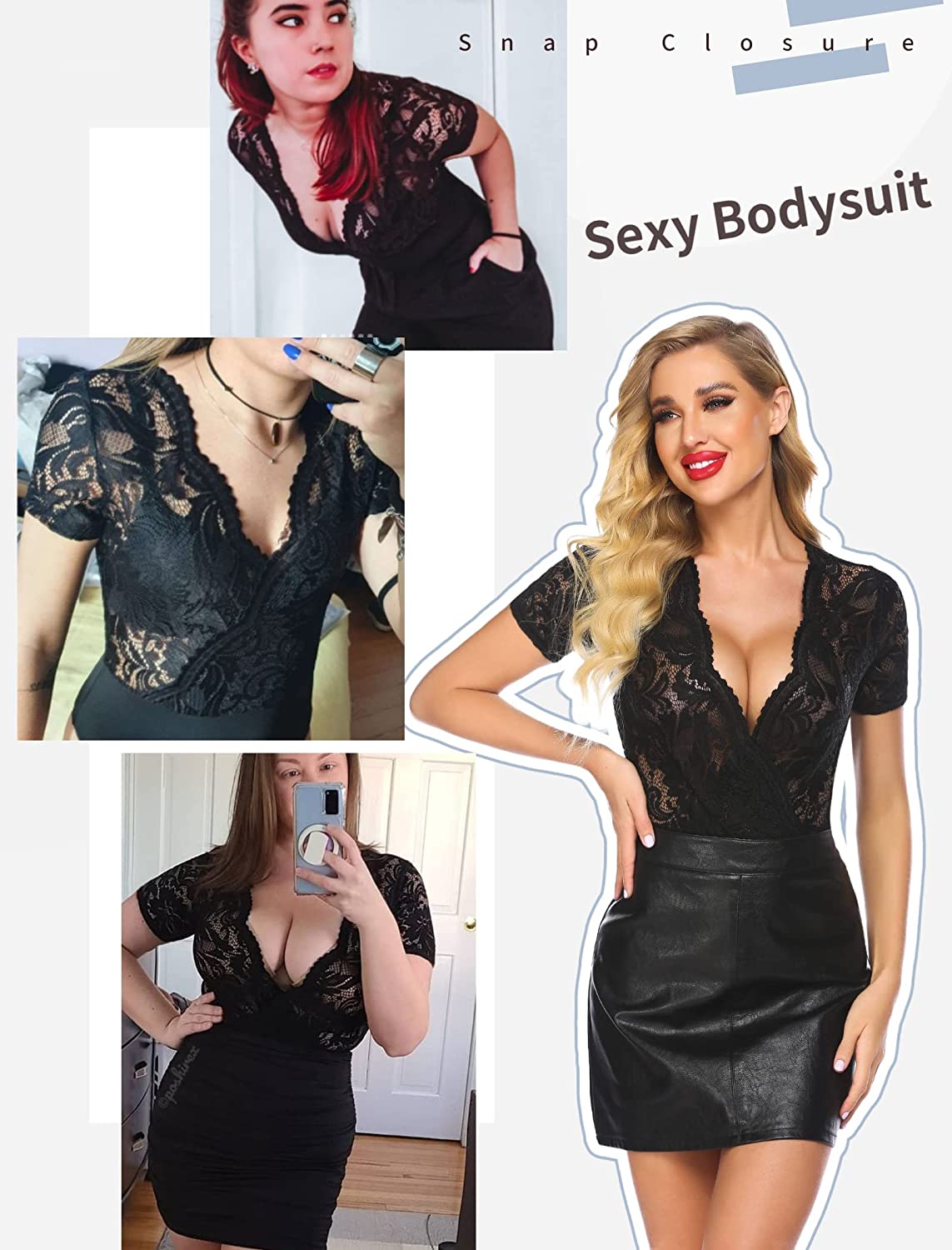 Avidlove Lace Short Sleeve Bodysuit Deep V Snap Crotch Clubwear Tops S-XXL