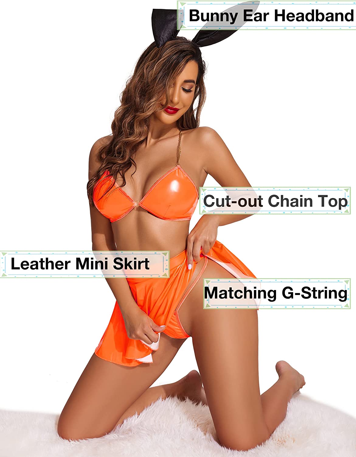 Avidlove Bunny Lingerie Cosplay Costume Leather 4pack Ring Chain Linked Cut-out Halloween Outfit Set