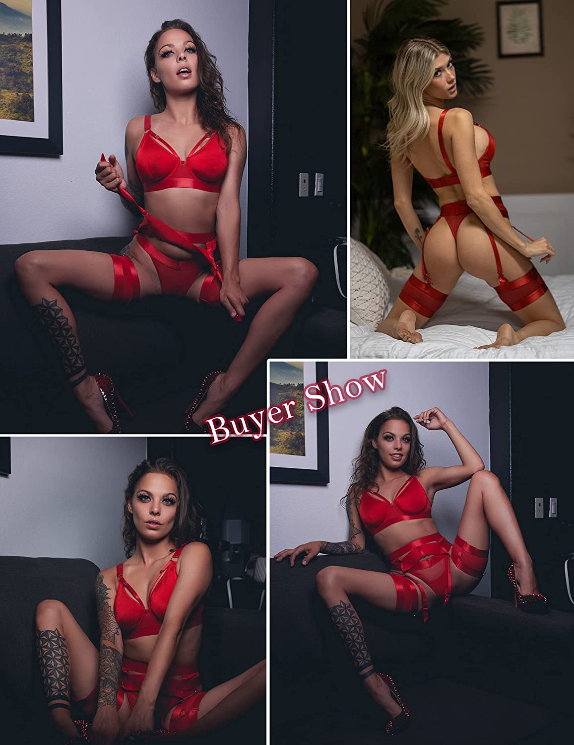 Avidlove Lingerie Set for with Underwire Strappy Lingerie Push Up 5 Piece Lingerie Set with Garter