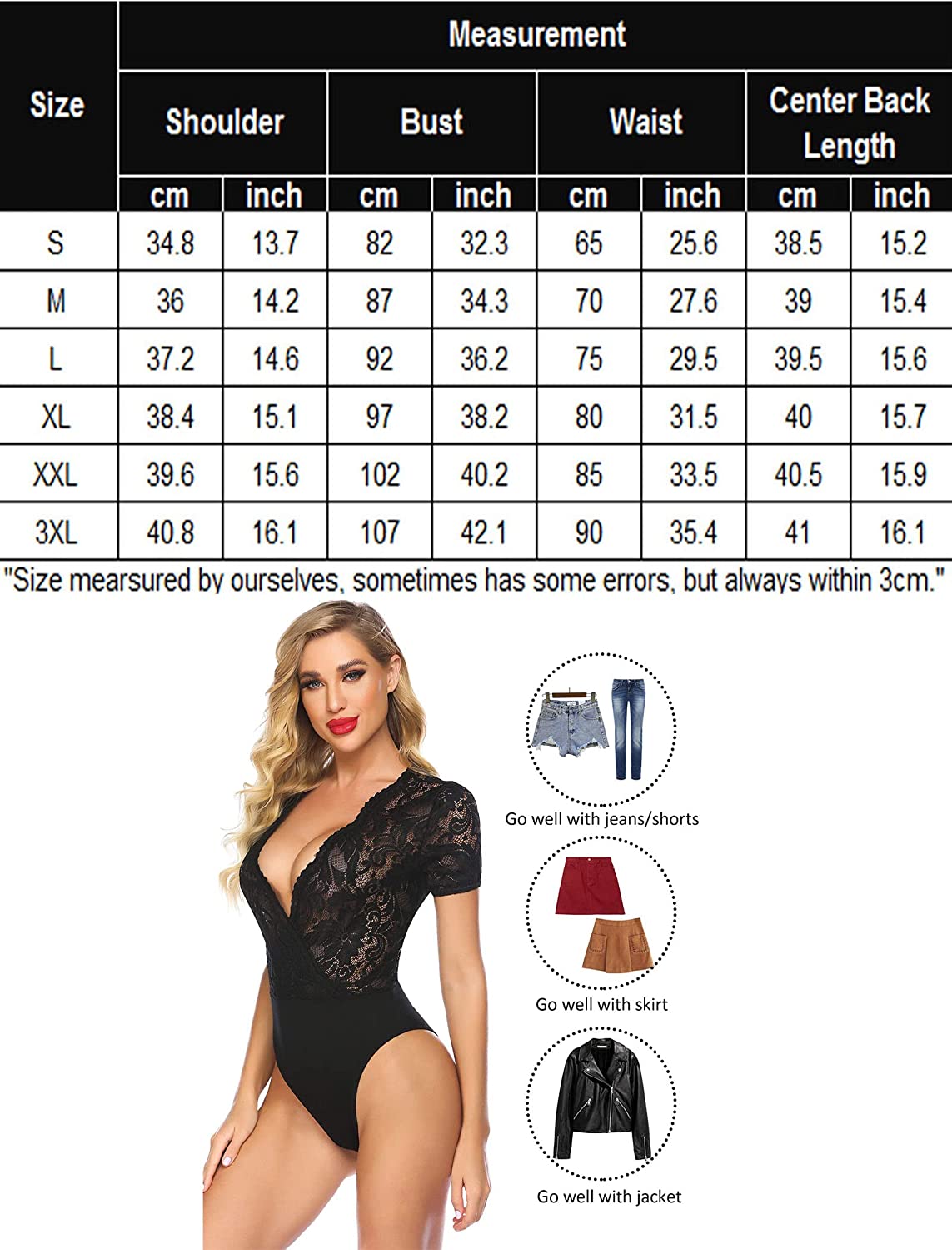 Avidlove Lace Short Sleeve Bodysuit Deep V Snap Crotch Clubwear Tops S-XXL
