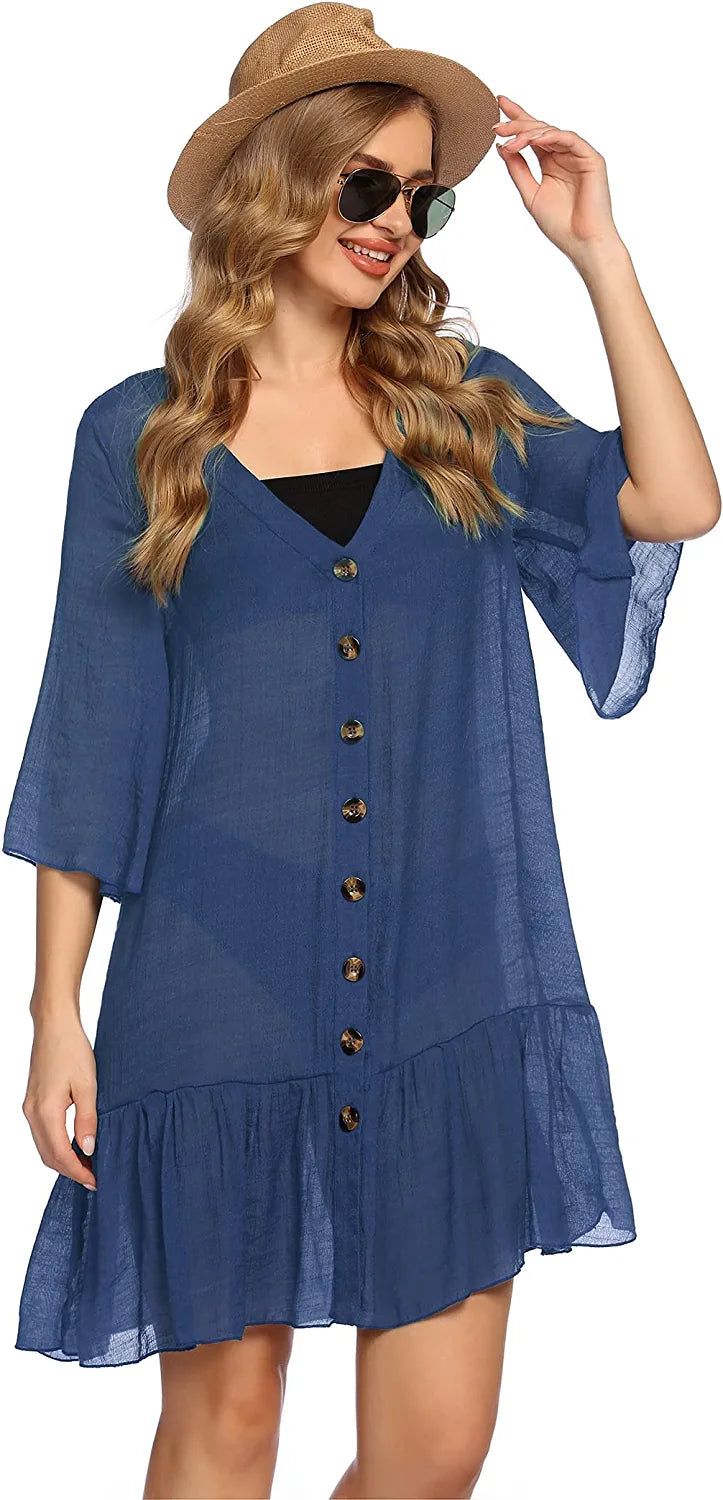 Avidlove Casual Swim Cover up V-Neck Summer Beachwear Coverups Flowy Short Sleeve Mini Beach Dress