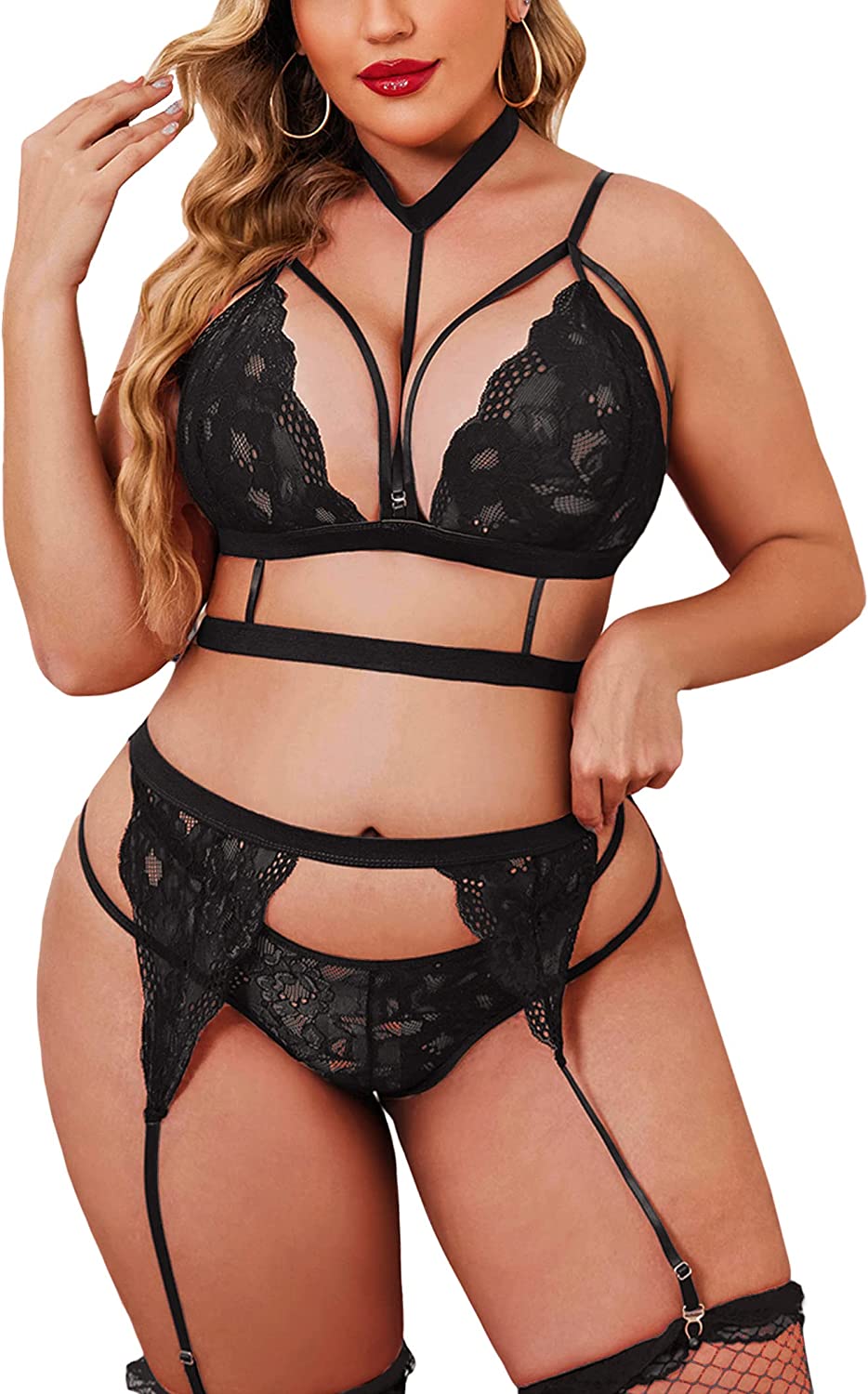 Avidlove Garter Lingerie Set with Choker Strappy Bra and Panty Set Teddy Babydoll Bodysuit (No Stockings)
