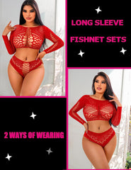 Avidlove Fishnet Lingerie Long Sleeve Two Piece Lingerie Set Stripper Outfit