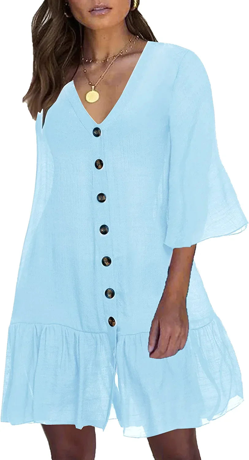 Avidlove Casual Swim Cover up V-Neck Summer Beachwear Coverups Flowy Short Sleeve Mini Beach Dress