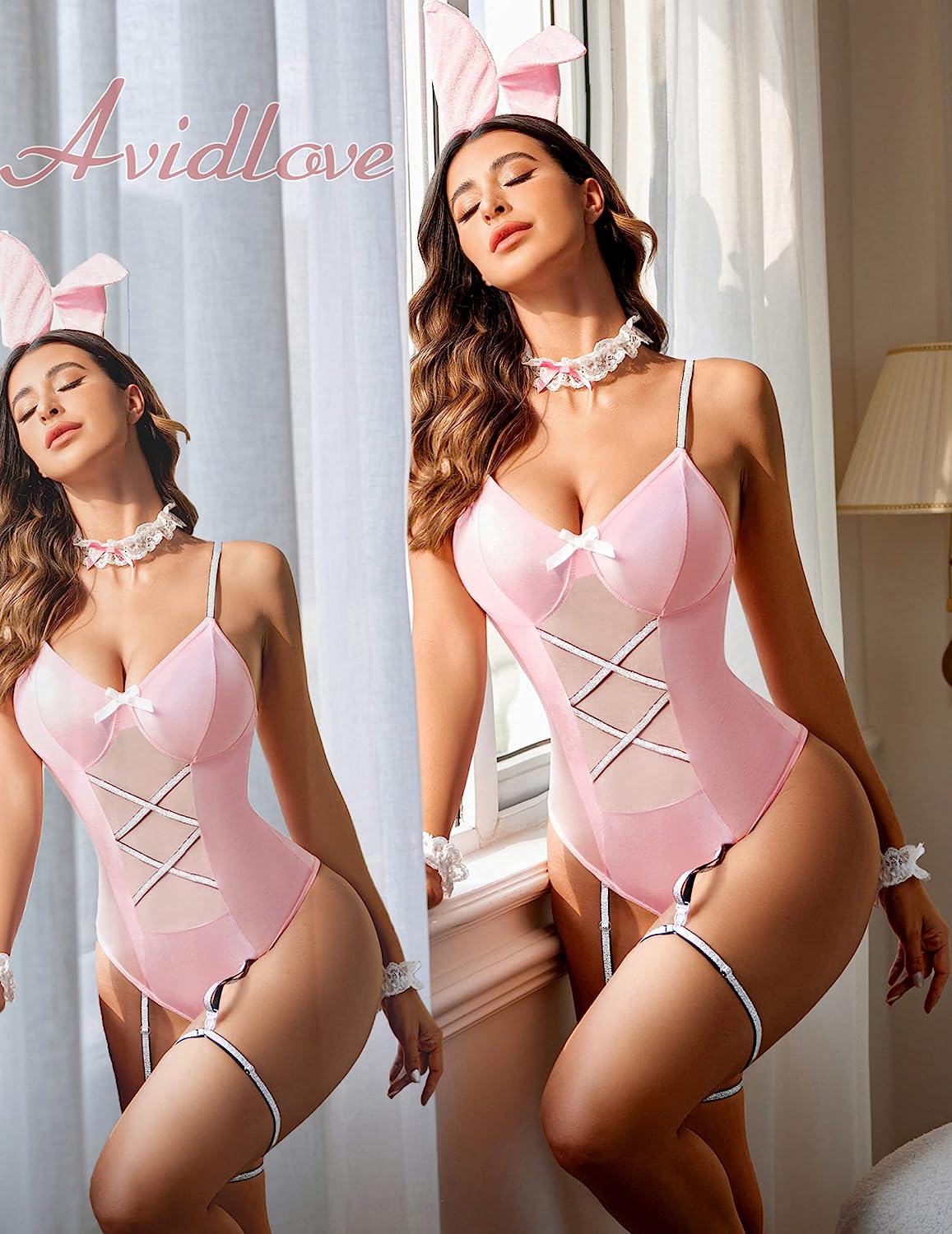 Avidlove Cosplay Lingerie Anime Costume Bodysuit Set Bunny Teddy Lingerie 3PC Maid Outfit
