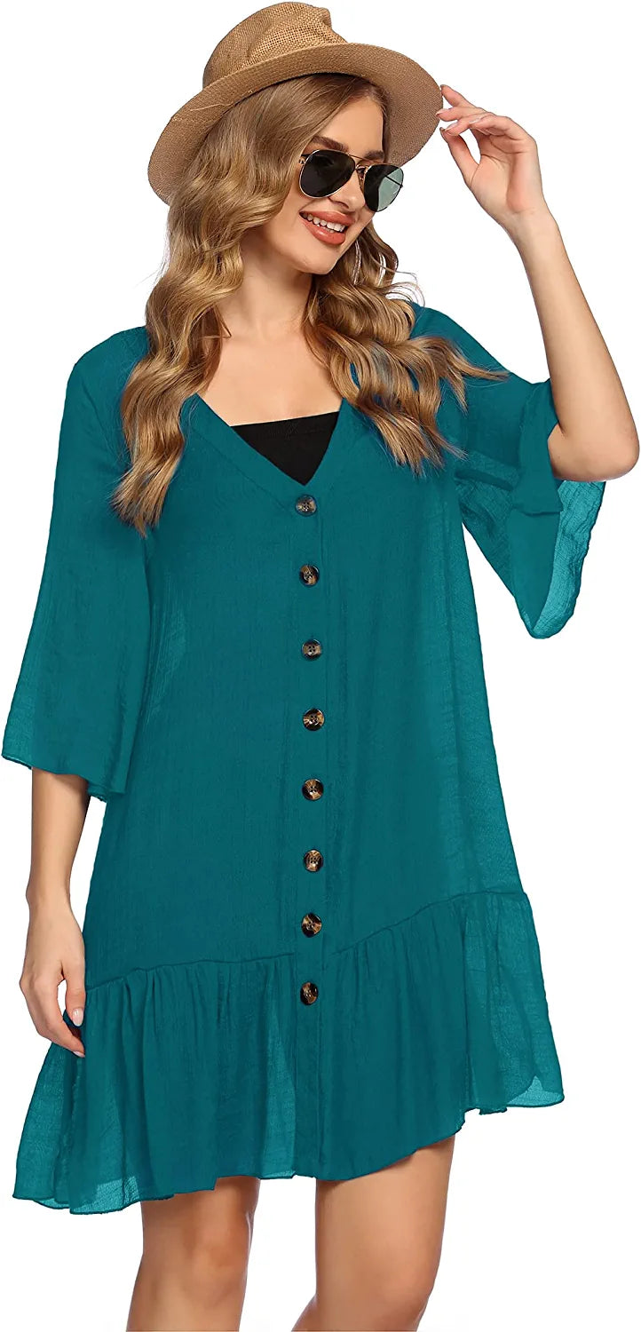 Avidlove Casual Swim Cover up V-Neck Summer Beachwear Coverups Flowy Short Sleeve Mini Beach Dress