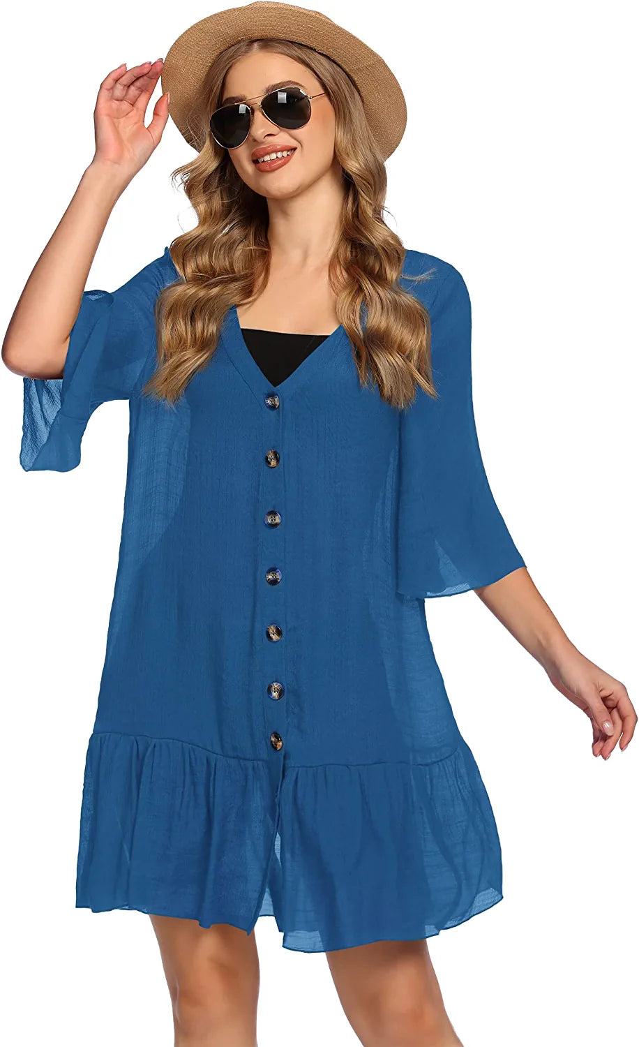 Avidlove Casual Swim Cover up V-Neck Summer Beachwear Coverups Flowy Short Sleeve Mini Beach Dress