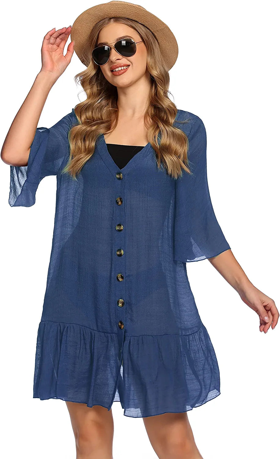 Avidlove Casual Swim Cover up V-Neck Summer Beachwear Coverups Flowy Short Sleeve Mini Beach Dress