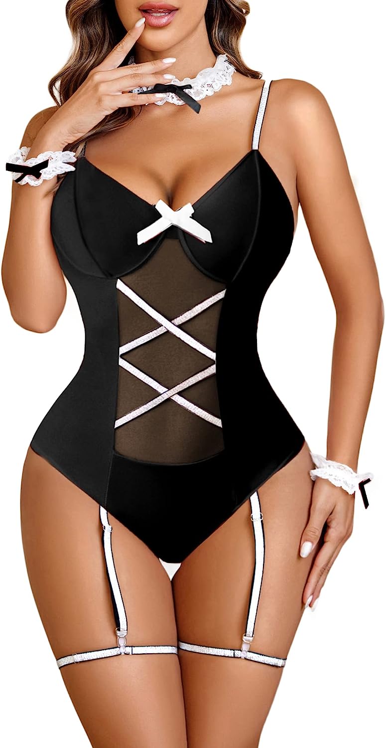 Avidlove Cosplay Lingerie Anime Costume Bodysuit Set Bunny Teddy Lingerie 3PC Maid Outfit