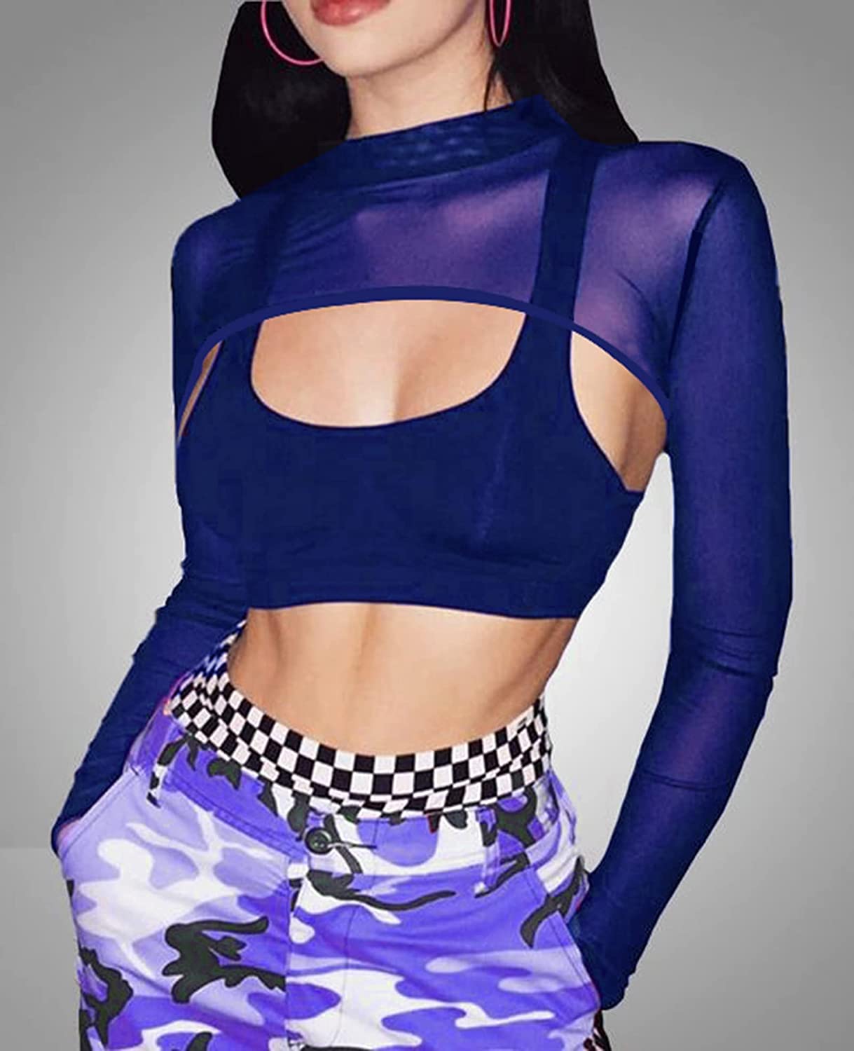 Avidlove Mesh Crop Tops for Mock Neck Long Sleeve Crop Top See Through Shirt Top Clubwear
