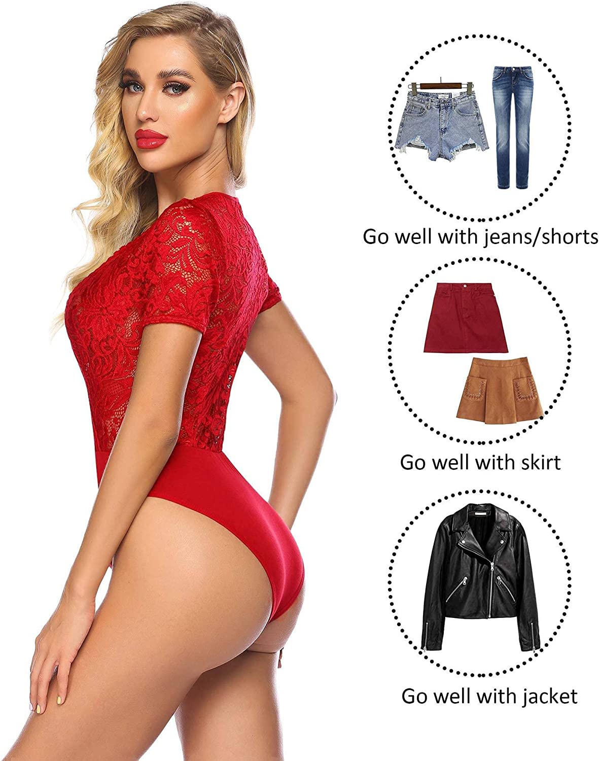 Avidlove Lace Short Sleeve Bodysuit Deep V Snap Crotch Clubwear Tops S-XXL