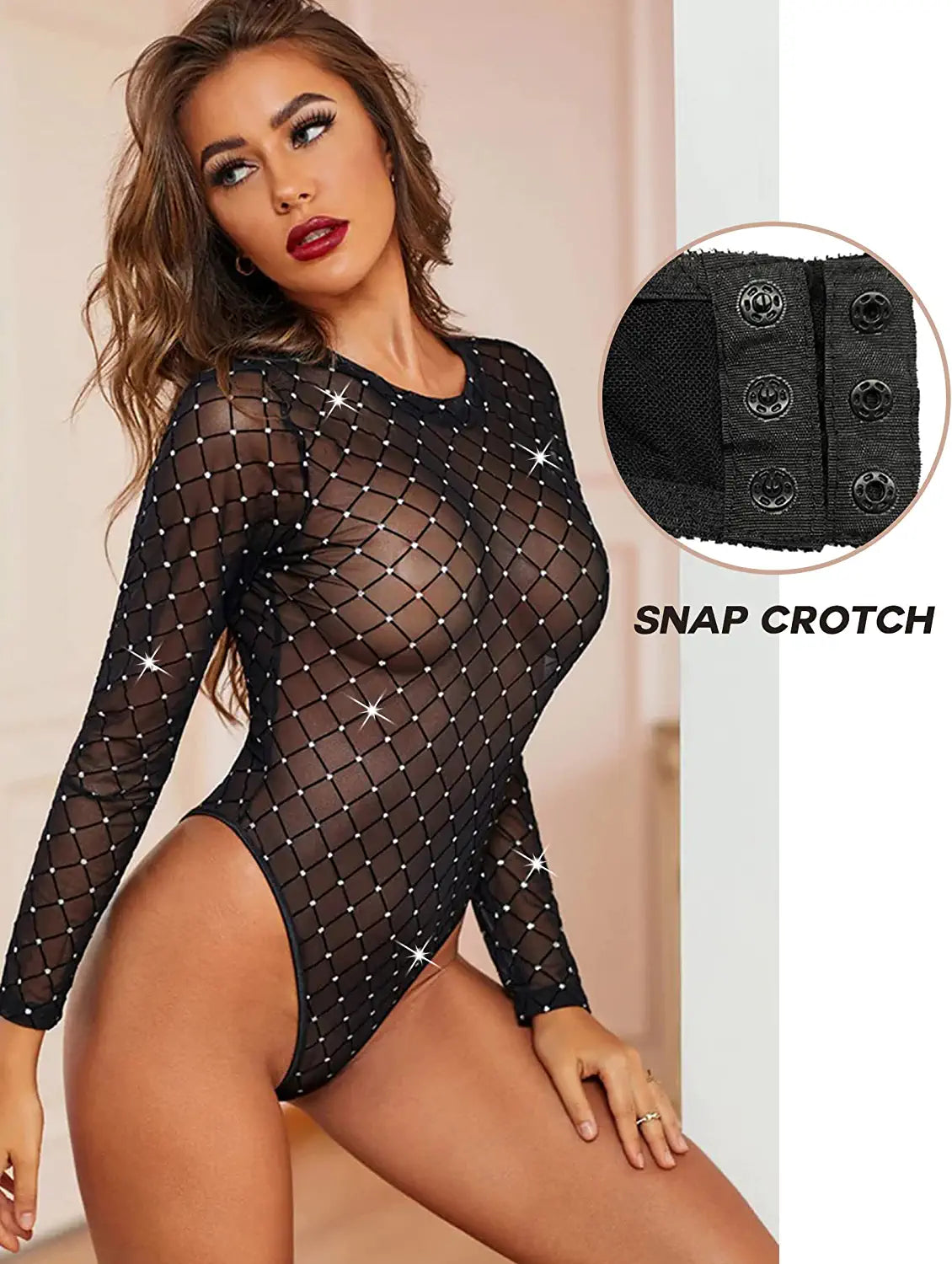 Avidlove Long Sleeve Mesh Bodysuit Round Neck Sheer Leotards Geo Print Bodysuit Top with Snap Crotch