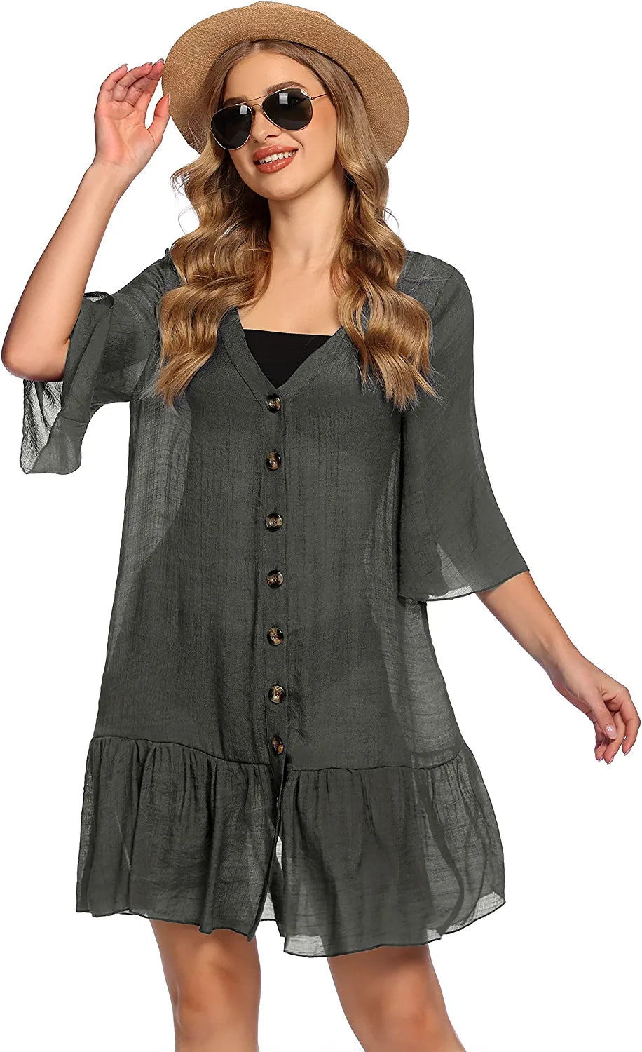 Avidlove Casual Swim Cover up V-Neck Summer Beachwear Coverups Flowy Short Sleeve Mini Beach Dress
