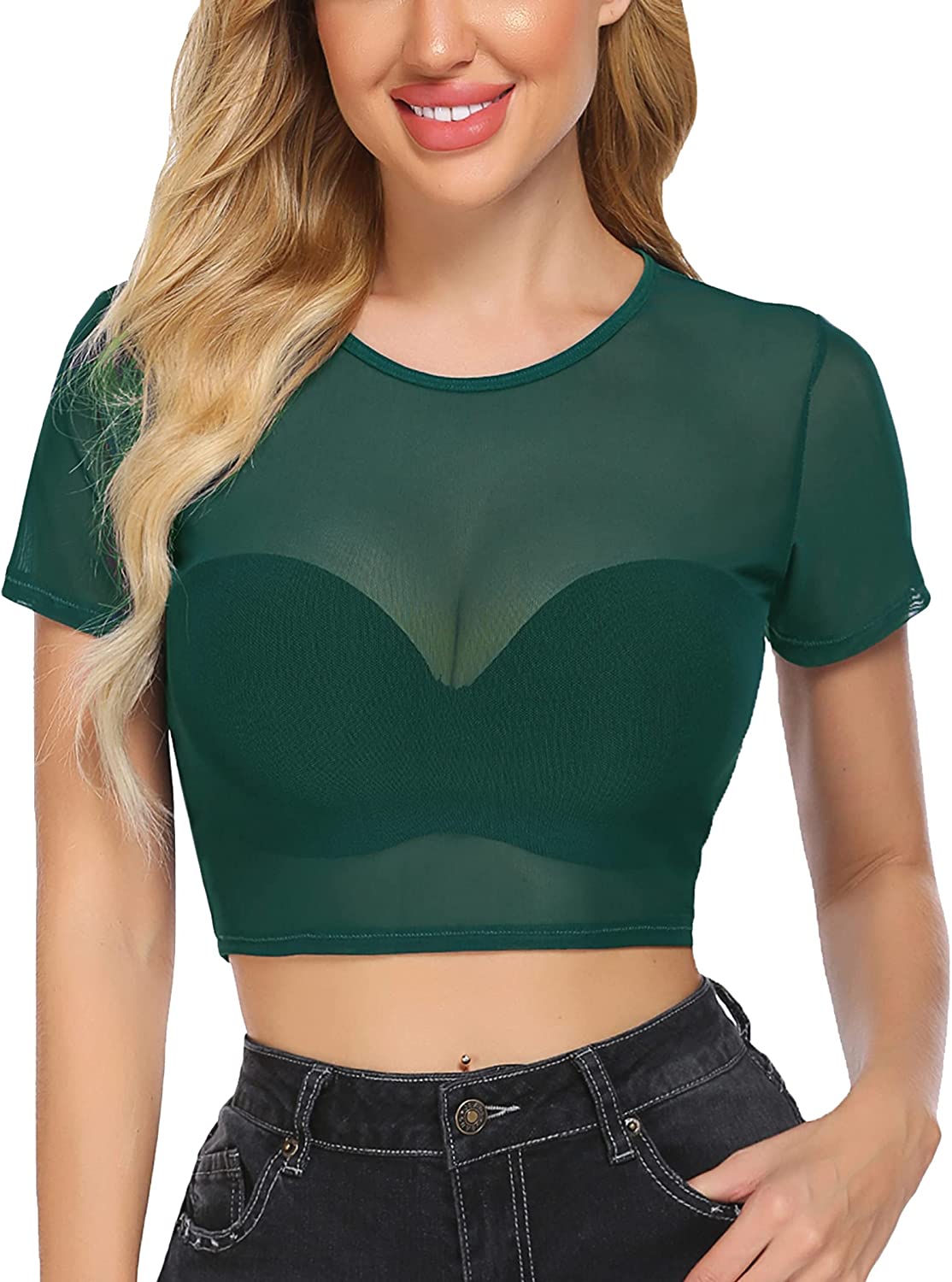 Avidlove Mesh Crop Top for Short Sleeve Bodycon Tees See Through Blouse O Neck Clubwear
